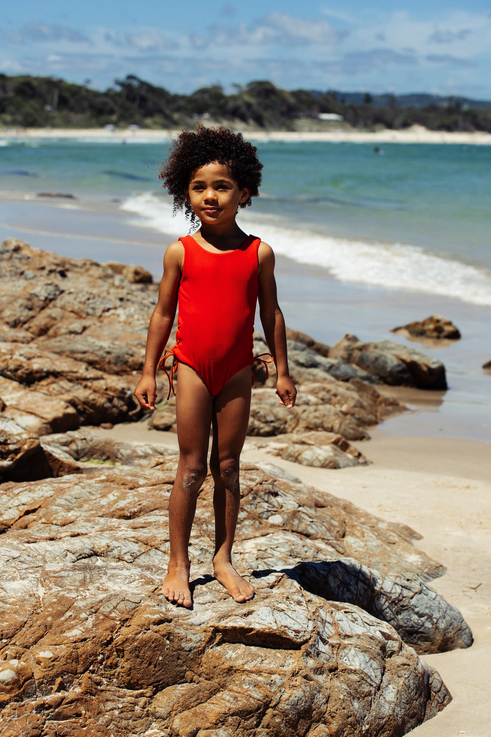 Tie Side Swimsuit - Red with Burnt Orange Tie Sides