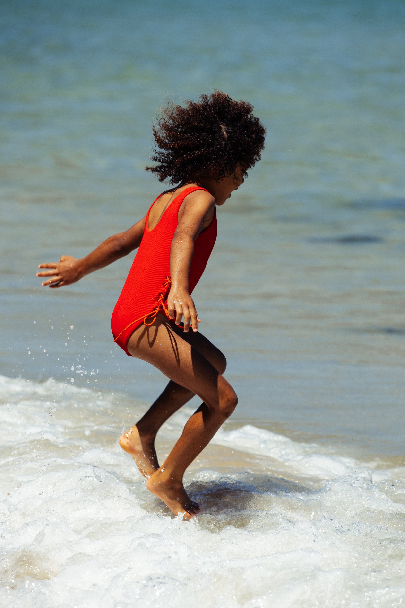 Tie Side Swimsuit - Red with Burnt Orange Tie Sides