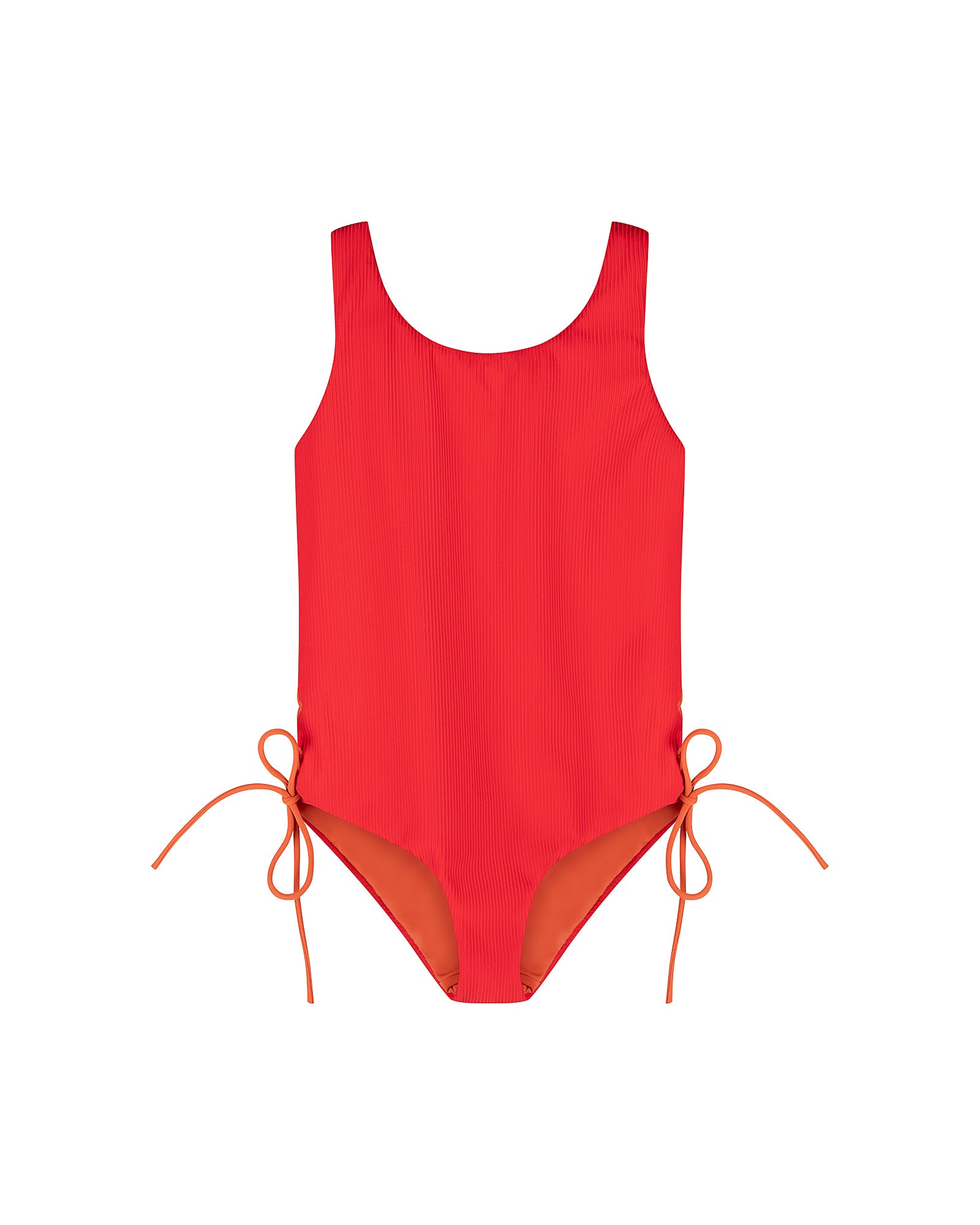 Tie Side Swimsuit - Red with Burnt Orange Tie Sides