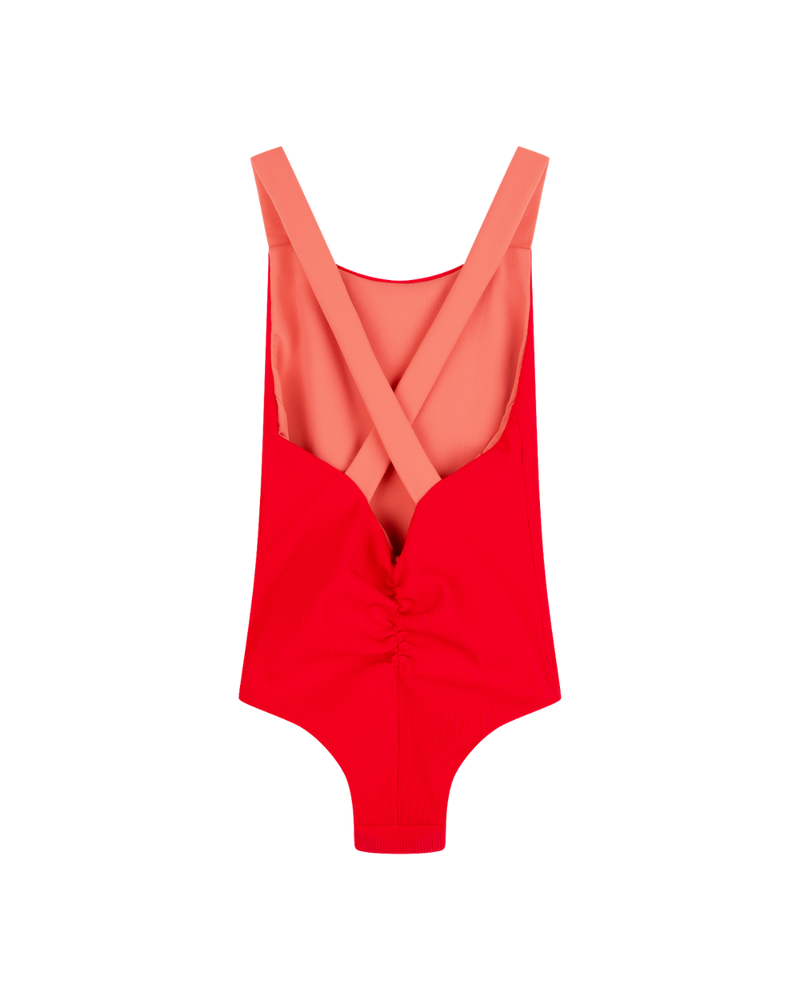 Cross Back Ruched Swimsuit  - Red with Crab Apple Straps