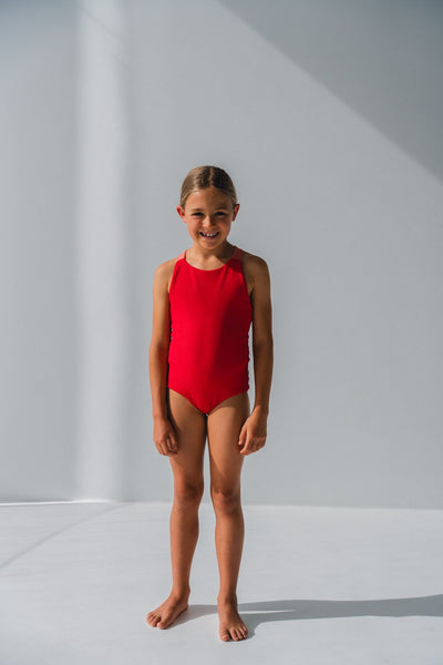 Cross Back Ruched Swimsuit  - Red with Crab Apple Straps