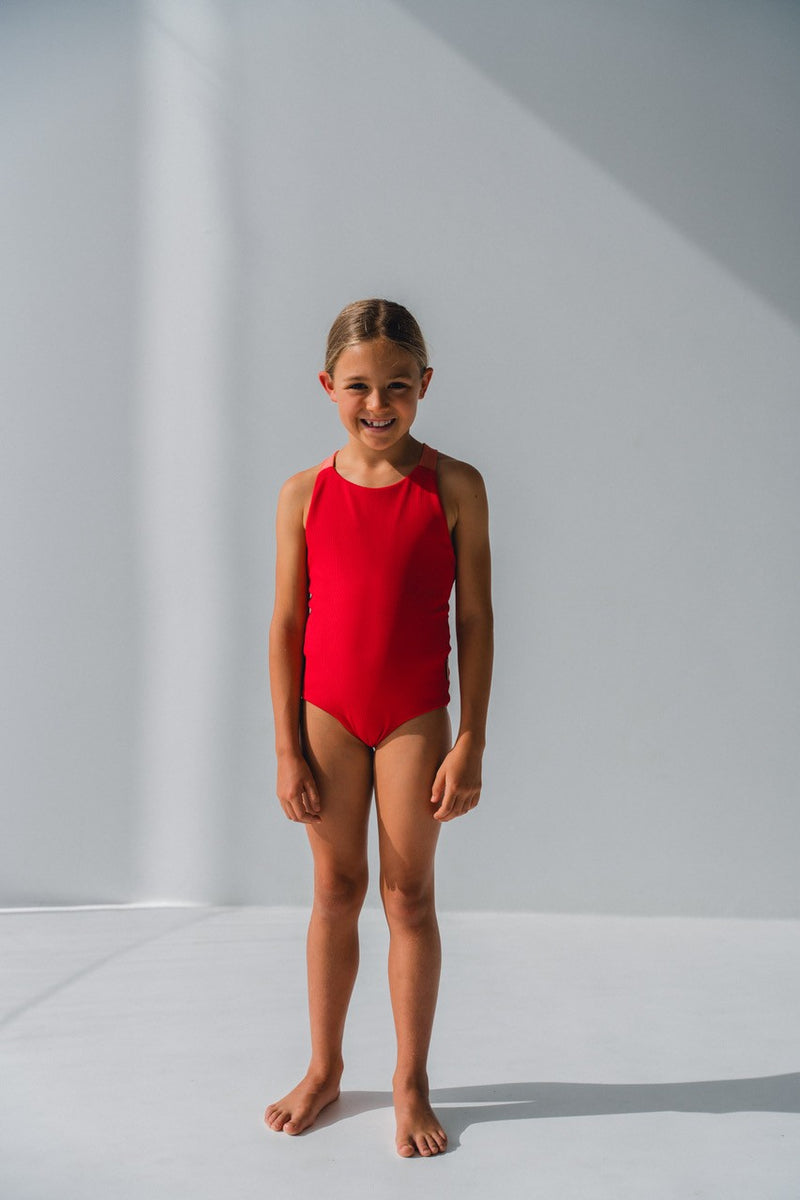 Cross Back Ruched Swimsuit  - Red with Crab Apple Straps