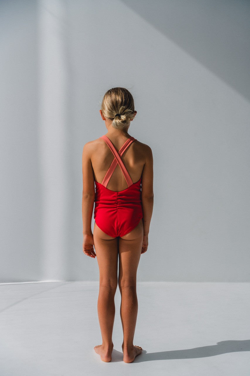 Cross Back Ruched Swimsuit  - Red with Crab Apple Straps